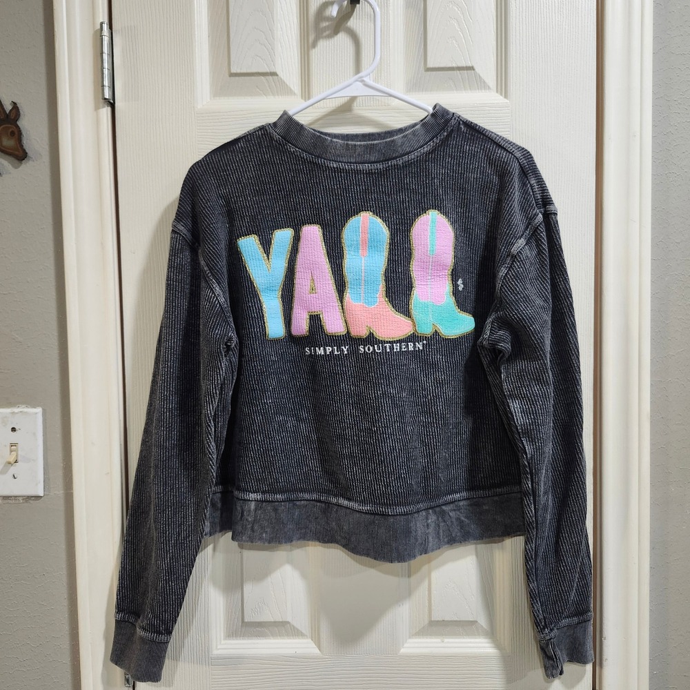Simply Southern YALL Cowboy Boot Corded Sweatshirt Gray Acid Wash Crop Small